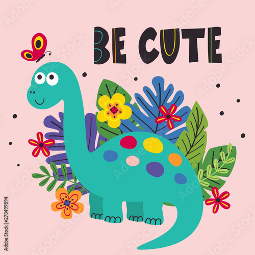 poster with cute dinosaur - vector illustration, eps