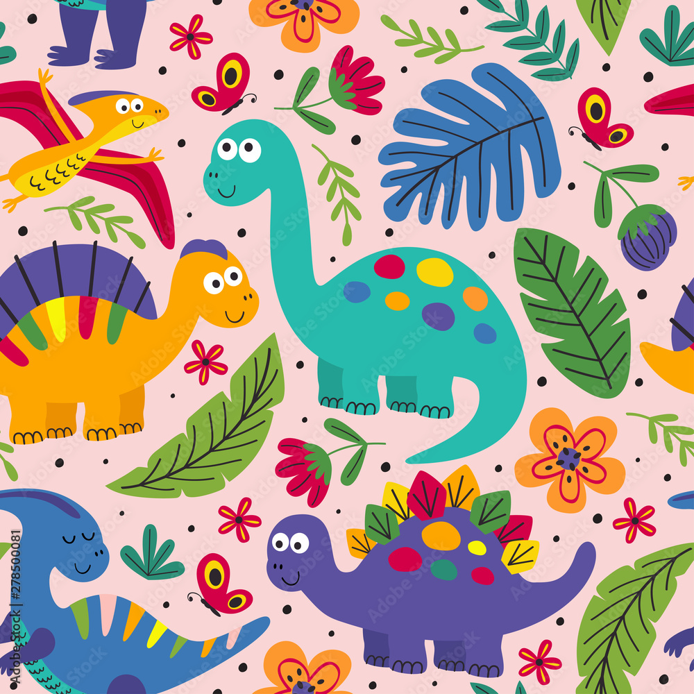 pink seamless pattern with cute dinosaurs - vector illustration, eps