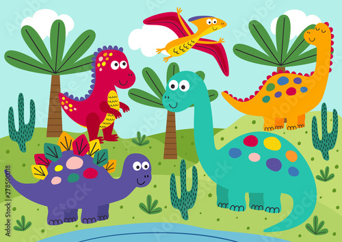 cute dinosaurs with landscape background - vector illustration, eps