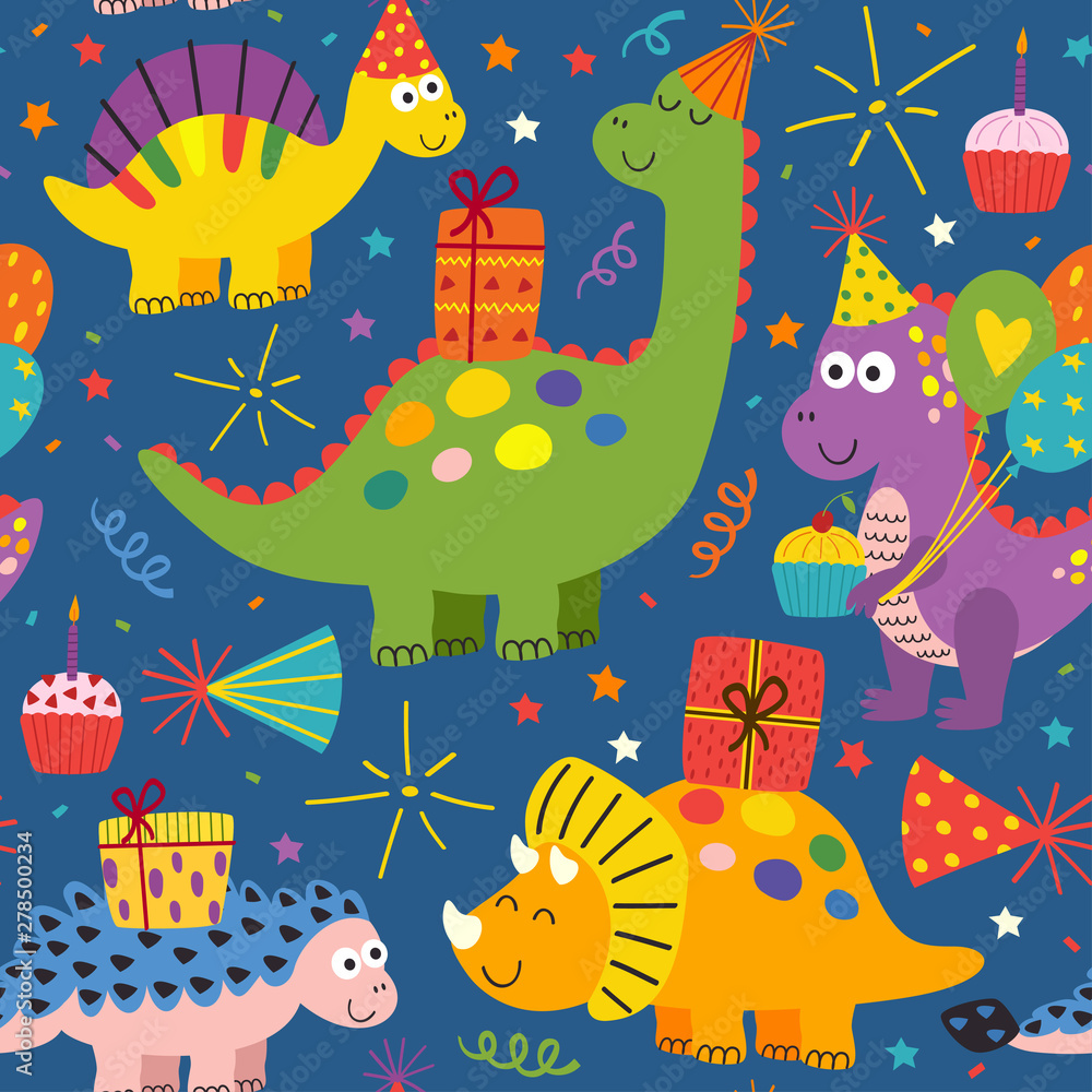 colorful seamless pattern with cute dinosaurs Happy Birthday - vector illustration, eps