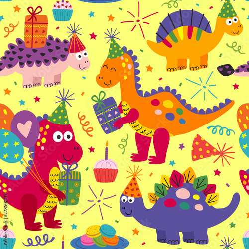 seamless pattern with cute dinosaurs Happy Birthday on yellow background - vector illustration, eps