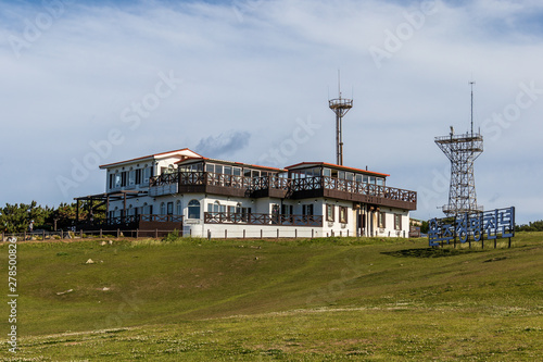 Panorama view on main building of Ganjeolgot with Communication Towers and Sign. Easternmost Point of Peninsula in Ulsan, South Korea. Asia