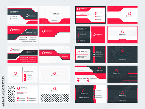 Set of 10 double sided business card templates. Red color theme. Stationery design. Vector illustration