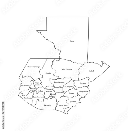 Vector isolated illustration of simplified administrative map of Guatemala. Borders and names of the departments (regions). Black line silhouettes