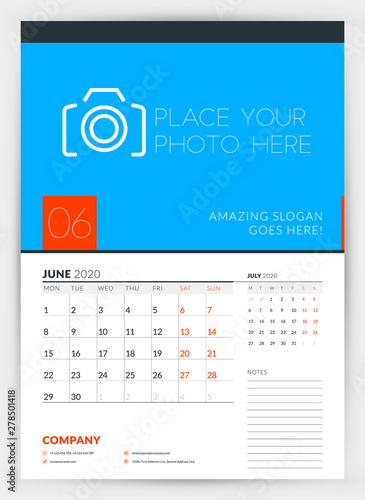 Wall calendar planner template for June 2020. Week starts on Monday. Typographic design template. Vector illustration