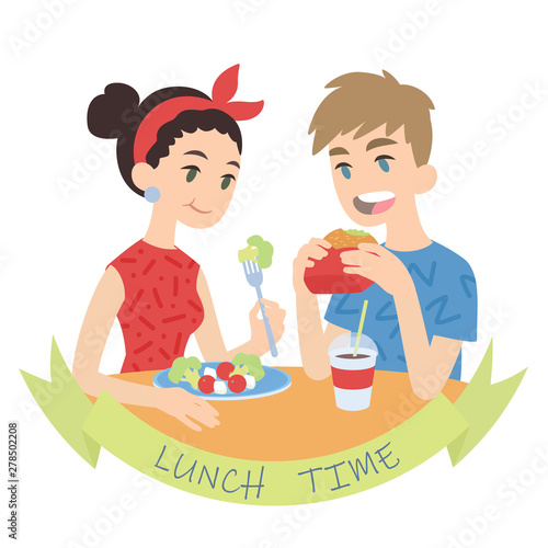 Couple eating. Vector illustration of multicultural pair in flat cartoon style on white background. European boy biting burger and caucasian girl eating fresh salad. Romantic lunch.