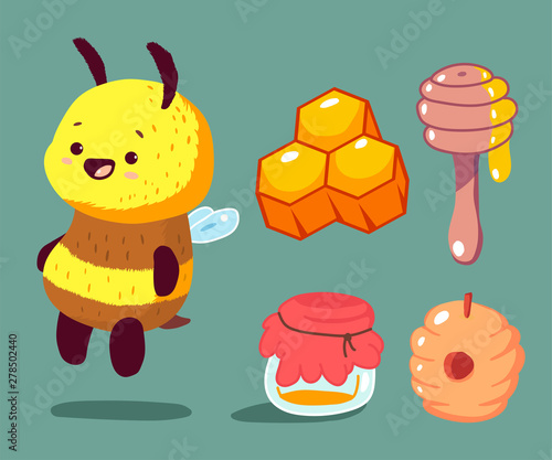 Cartoon bee with honey vector set isolated on background.