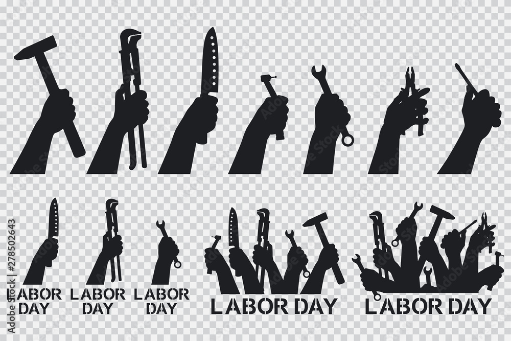 Vecteur Stock Labor day. Hand holding tools vector black silhouettes icons  set isolated on a transparent background. | Adobe Stock