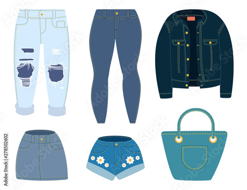 Jeans, jacket, shorts, skirt and bag. Vector cartoon denim clothes set isolated on white background.