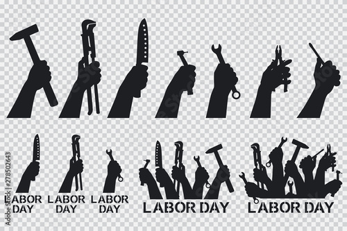 Labor day. Hand holding tools vector black silhouettes icons set isolated on a transparent background.