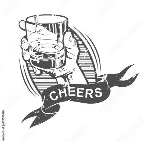 Cheers vector illustration with hand holding whiskey glass and banner ribbon isolated on a white background.