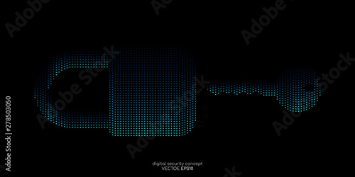 Security concept key and padlock dots line pattern blue color isolated on black background. Vector illustration technology, digital, security.