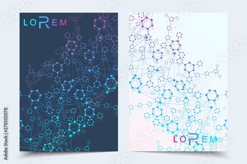 Vector templates for brochure magazine leaflet flyer cover booklet annual report. Modern futuristic hexagonal pattern with particle  molecule structure for medical  technology  chemistry  science.