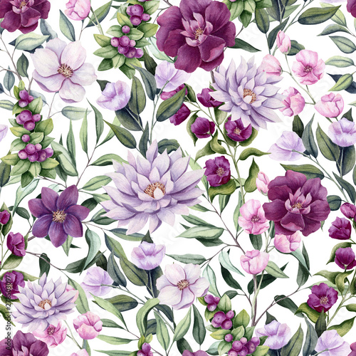 Seamless Pattern of Watercolor Flowers, Berries and Leaves © Nebula Cordata