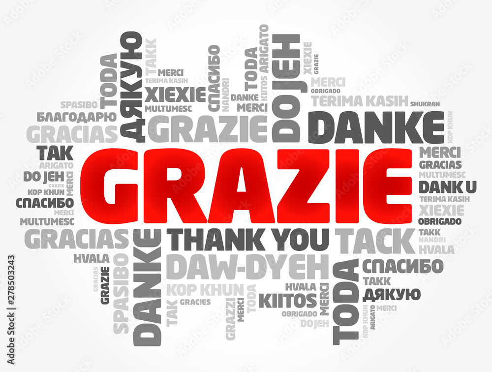 Grazie (Thank You in Italian) word cloud background in different languages