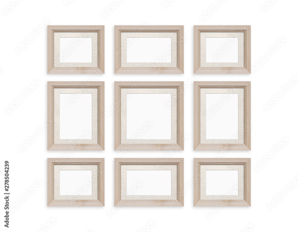 Frames collage, nine wooden realistic frameworks set with decorative textile background, isolated on white wall Frames collage, nine wooden realistic frameworks set with decorative textile background, isolated on white wall