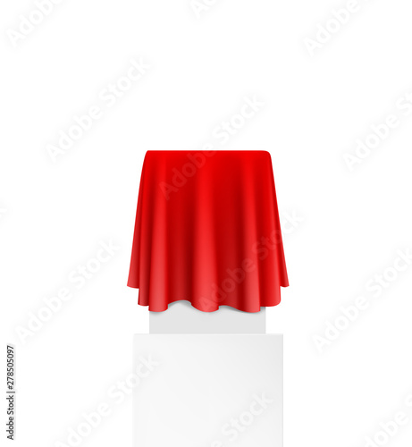 Red round tablecloth draped over a table. Vector illustration on white background. Ready for your design, promo, presentation. EPS10.	