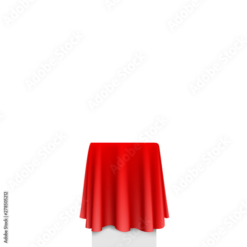 Red round tablecloth draped over a table. Vector illustration on white background. Ready for your design, promo, presentation. EPS10.	