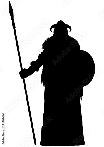 Viking spearman silhouette/ Illustration stylized nordic warrior with a spear and a shield