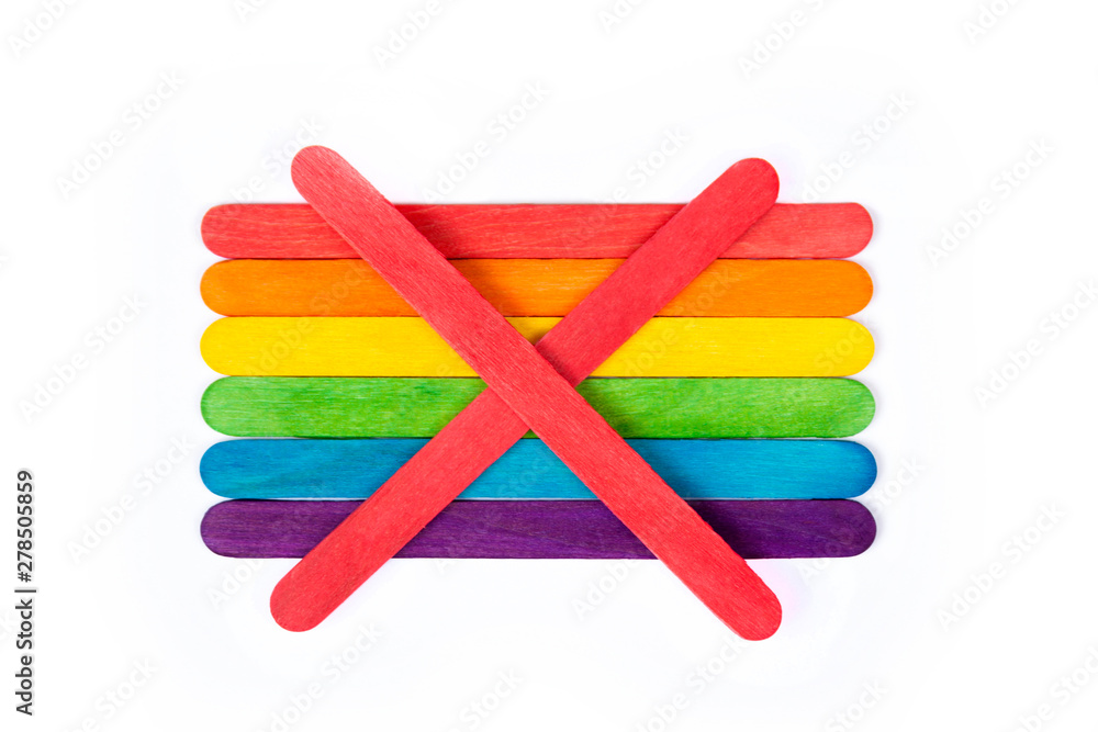 An red X symbol over a rainbow flag made of popsicle / ice cream sticks