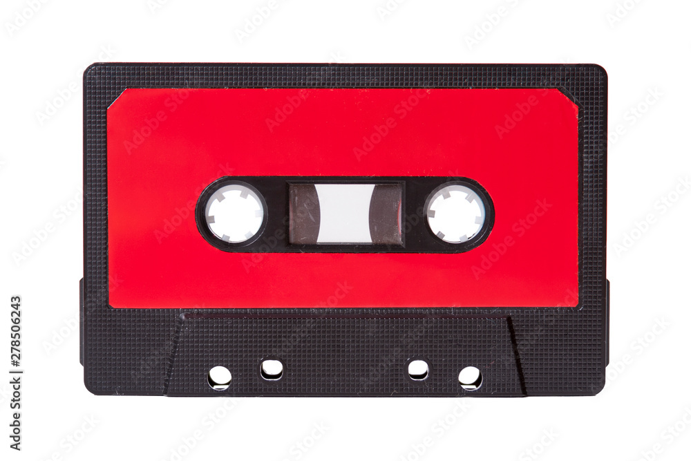Blank red vintage cassette tape with an empty label isolated on white background, old retro audio equipment concept. More copy space