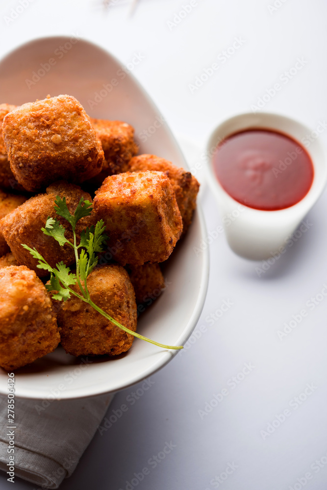 Crispy Paneer popcorn is a popular party snack and an appetiser. selective focus Crispy Paneer popcorn is a popular party snack and an appetiser. selective focus