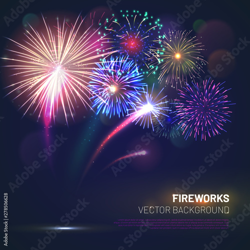 Realistic fireworks explosions with shining sparks on dark background. Festive template with brightly colorful fireworks and free space for text. Pyrotechnics light show vector illustration.