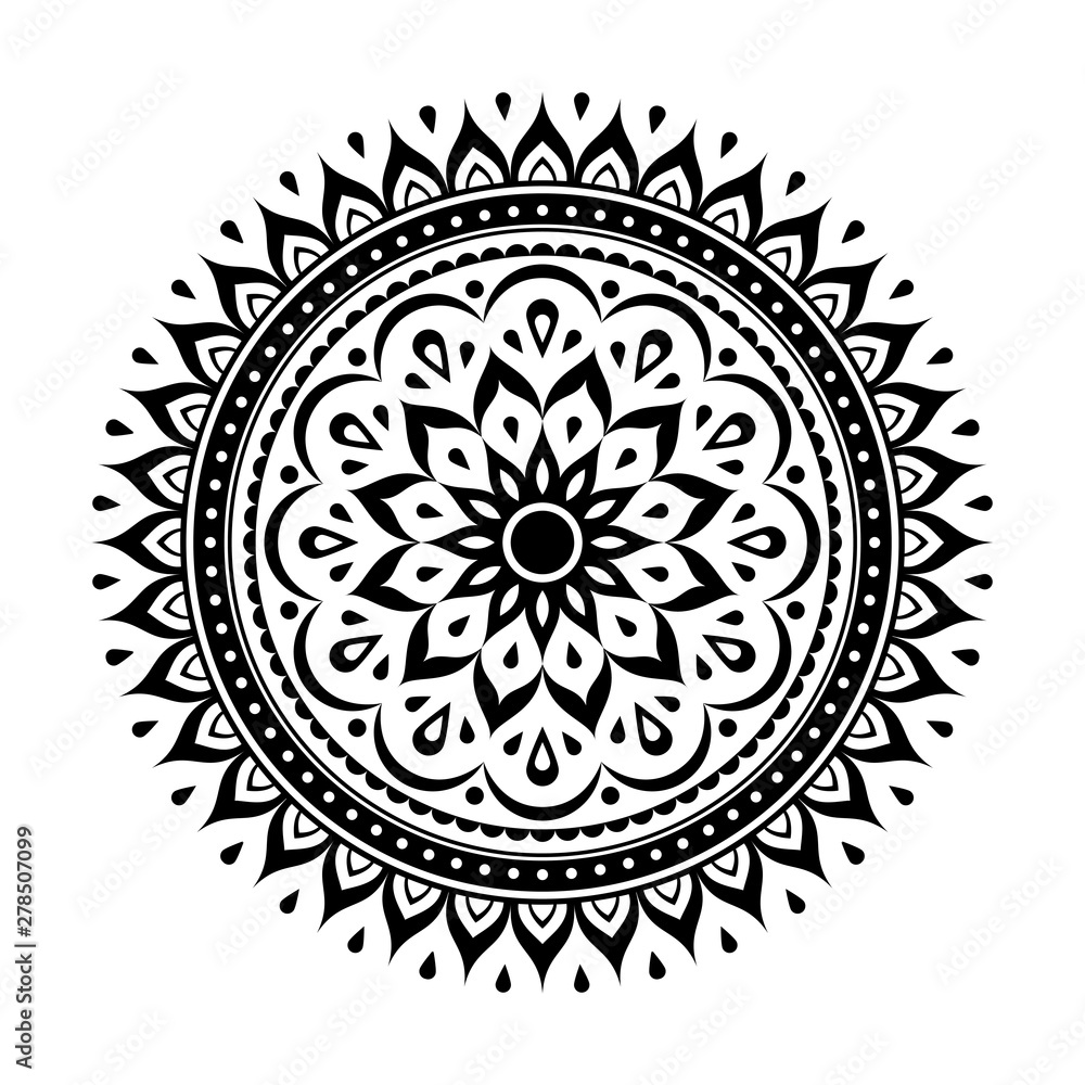 Black mandala detailed decoration element. Traditional round oriental ornament isolated on white background. Elegant floral tattoo design. Beautiful ornamental ethnic vector illustration.
