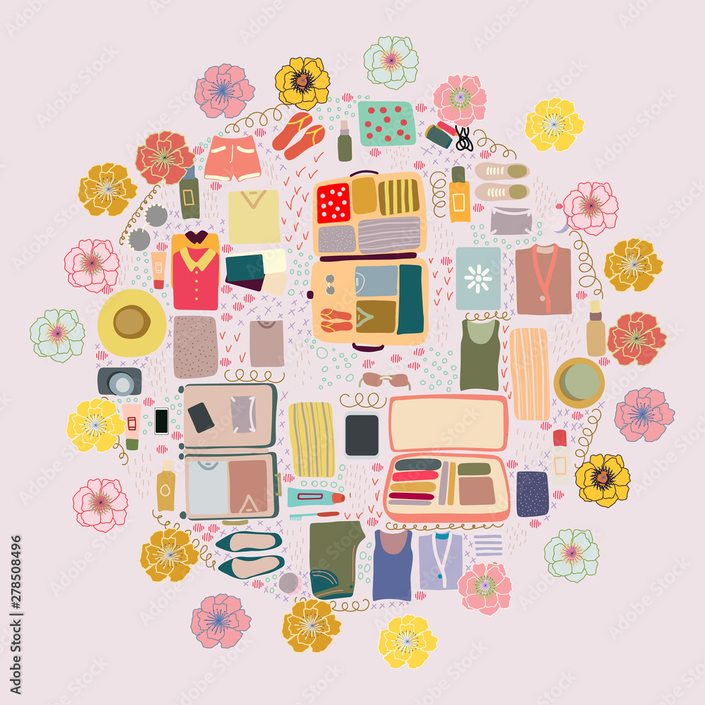 Colourful top view view luggage round shape composition. Colourful top view view luggage round shape composition.