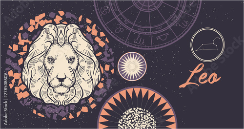 Zodiac sign Leo. The symbol of the astrological horoscope. Hand-drawn illustration. Horizontal banner. Template for postcard, brochure, page, booklet.