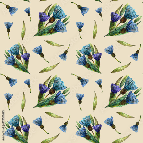 Watercolor wildflowers. Gentle seamless pattern with bouquets of blue cornflowers on a beige