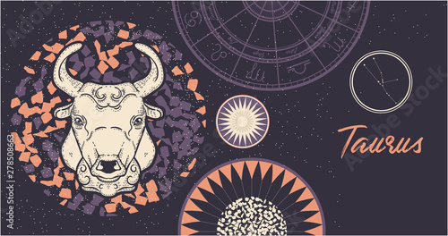 Zodiac sign Taurus. The symbol of the astrological horoscope. Hand-drawn illustration. Horizontal banner. Template for postcard, brochure, page, booklet.