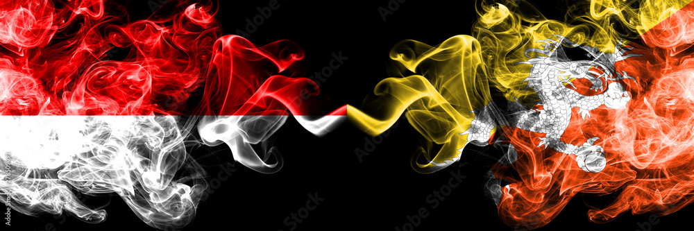 Indonesia vs Bhutan, Bhutanese smoky mystic flags placed side by side. Thick colored silky smoke flags of Indonesia and Bhutan, Bhutanese Indonesia vs Bhutan, Bhutanese smoky mystic flags placed side by side. Thick colored silky smoke flags of Indonesia and Bhutan, Bhutanese