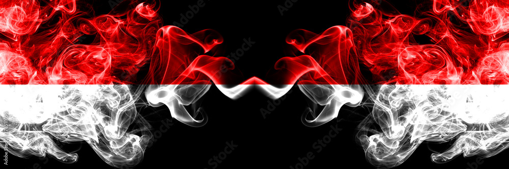 Obraz premium Indonesia vs Indonesia, Indonesian smoky mystic flags placed side by side. Thick colored silky smoke flags of Indonesia and Indonesia, Indonesian