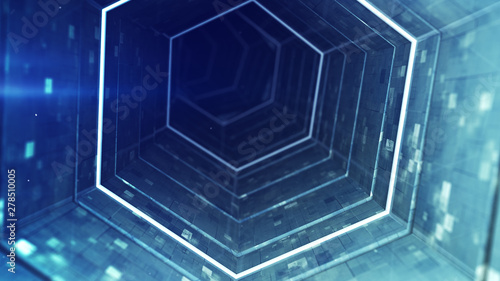 Abstract technology blue tunnel 3D rendering