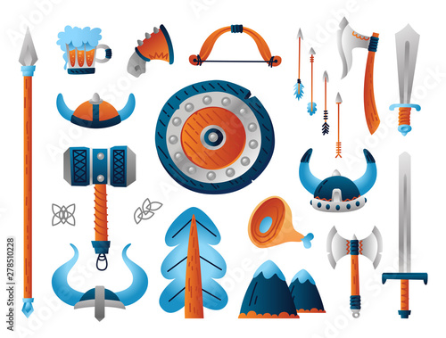Set of viking weapon. Funny collection of cartoon military arsenal