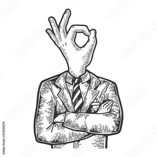 Businessman with okay hand gesture instead head sketch engraving vector illustration. Scratch board style imitation. Black and white hand drawn image.