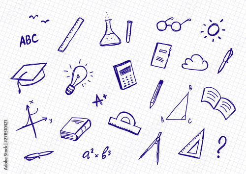 Hand drawn set of doddles supplies on sheet of exercise book background