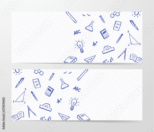 Two banner with hand drawn set of doddles supplies on sheet of exercise book background