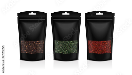 Black Plastic bag with windows. Black, green, red tea. Packaging template mockup collection