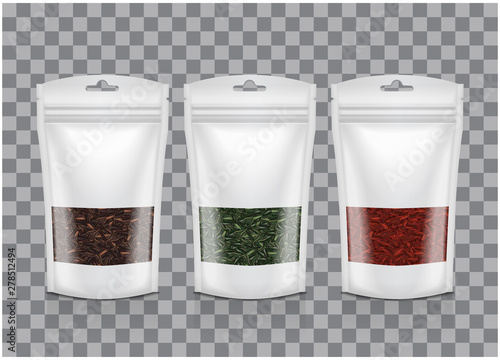 White Plastic bag with window. Black, green, red tea. Packaging template mockup collection