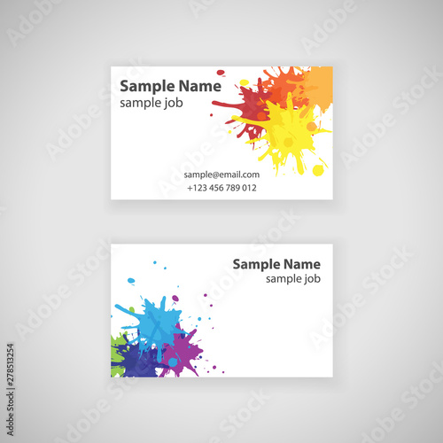 Elegant white business card design with colorful paint splash pattern