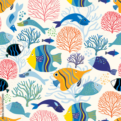 Seamless pattern with different colorful  fish on white background