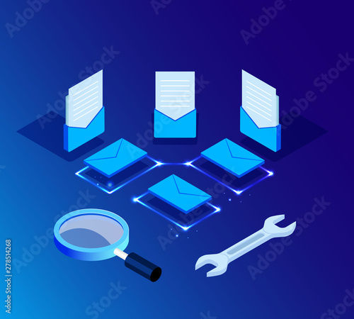 Global online email marketing. Vector isometric background design. Template for banner, landing page. Icon, symbol for web and app. Customer, user service strategy. Digital technology illustration.