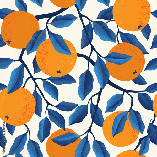 Tropical seamless pattern with oranges. Fruit repeated background. Vector bright print for fabric or wallpaper.