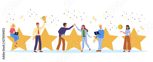 People holding big golden star as metaphor of rating