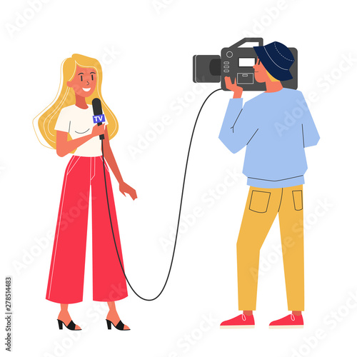 Journalist with a microphone and cameraman. Woman