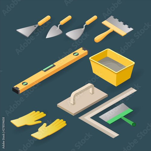 Isometric construction tools for repair. Isolated level, gloves, spatula. Vector.