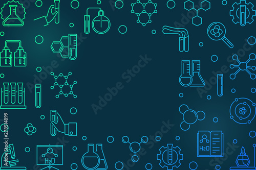 Horizontal vector frame with Chemistry linear icons - chemical illustration in thin line style on dark background