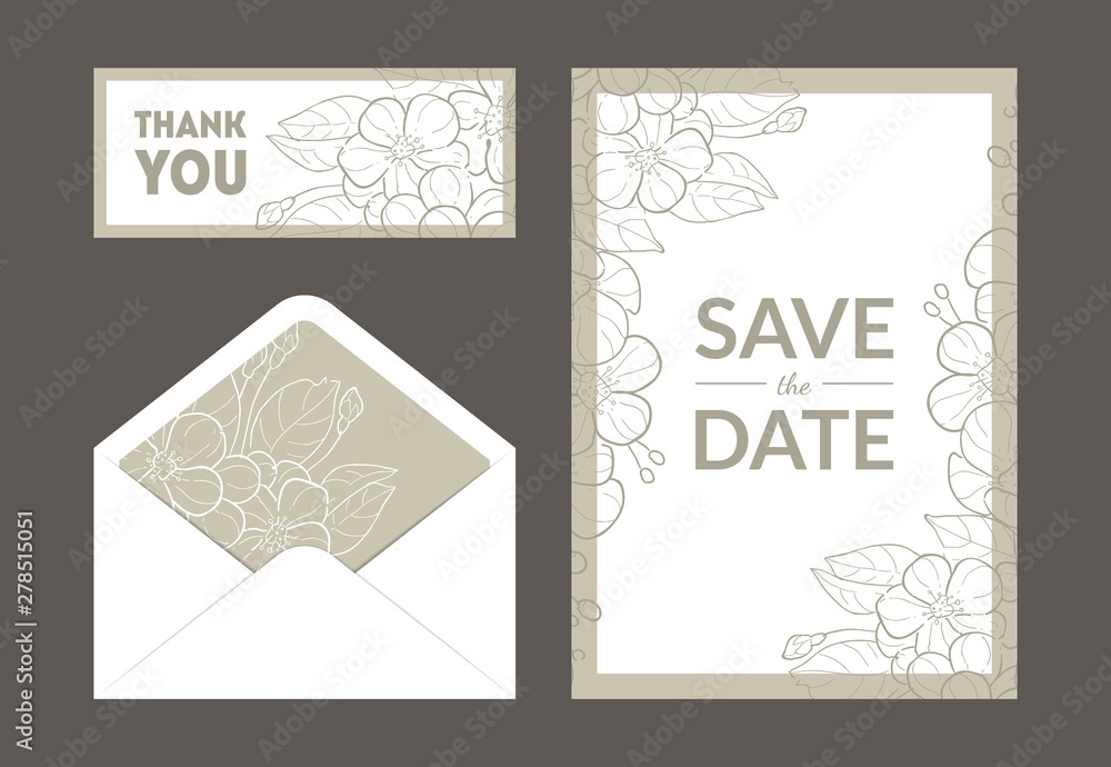 Save the Date Wedding Invitation Templates Set, Thank You, Rsvp Floral Card and Envelope with Hand Drawn Flowers, Frame with Space for Text Vector Illustration Save the Date Wedding Invitation Templates Set, Thank You, Rsvp Floral Card and Envelope with Hand Drawn Flowers, Frame with Space for Text Vector Illustration